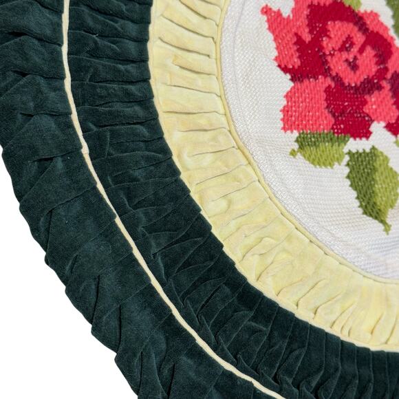 Floral Needlepoint Pillows 2 Round Ruffle Green Velvet Decorative MCM Granny 20" - Picture 7 of 12